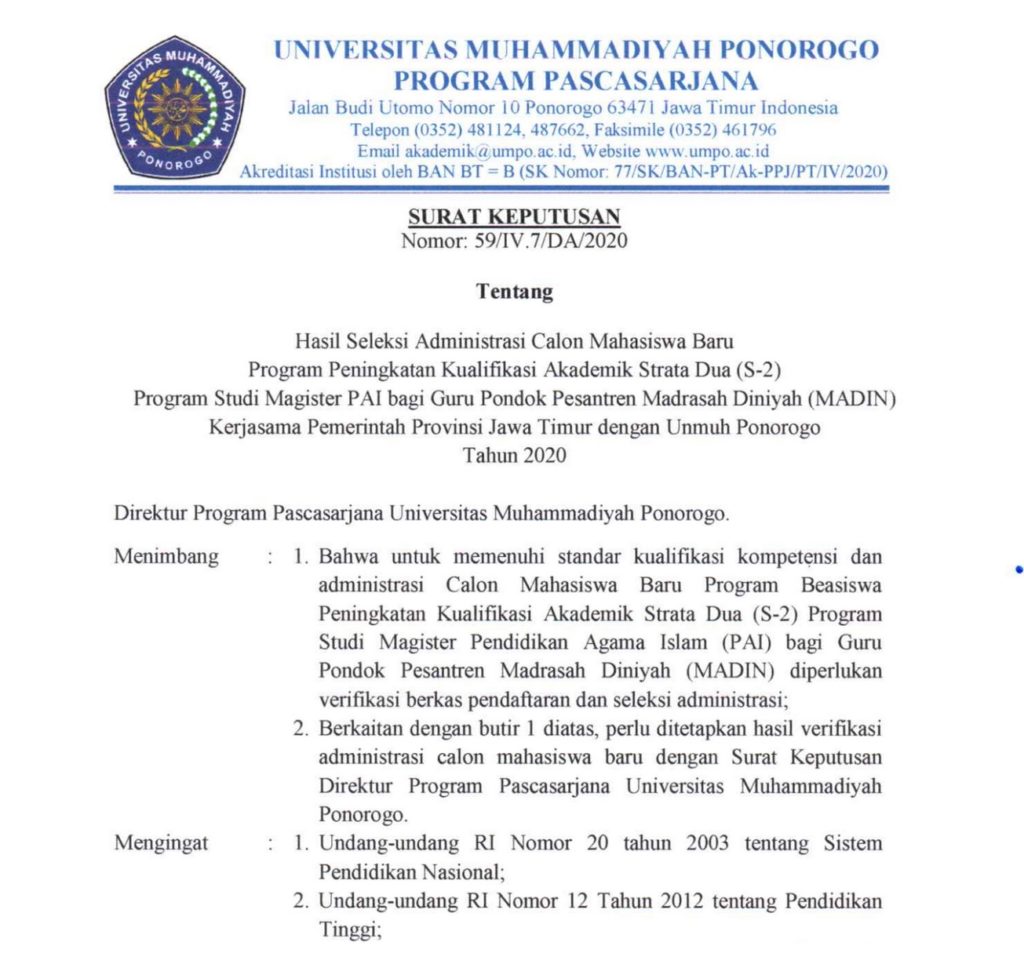 Hasil Seleksi Administrasi Beasiswa S2 Guru Pondok Pesantren MADIN